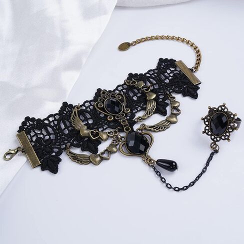 Missgrace Women Vintage Gothic Black Lace Bracelet with Ring Bangle Bracelet Metal Crystal Charm Steampunk Lace Black Chain Tassel Bracelet Rings for Women in Kuwait