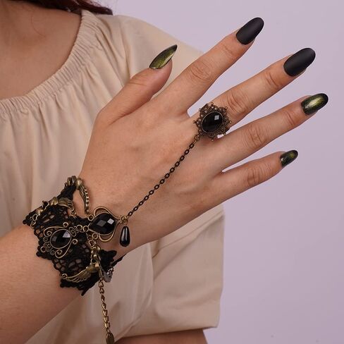 Missgrace Women Vintage Gothic Black Lace Bracelet with Ring Bangle Bracelet Metal Crystal Charm Steampunk Lace Black Chain Tassel Bracelet Rings for Women in Kuwait
