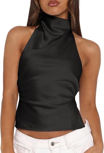 Women's Sexy Halter Tank Tops High Mock Neck Backless Trendy Camisole Crop Tops in Saudi Arabia