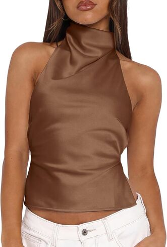 Women's Sexy Halter Tank Tops High Mock Neck Backless Trendy Camisole Crop Tops in Saudi Arabia