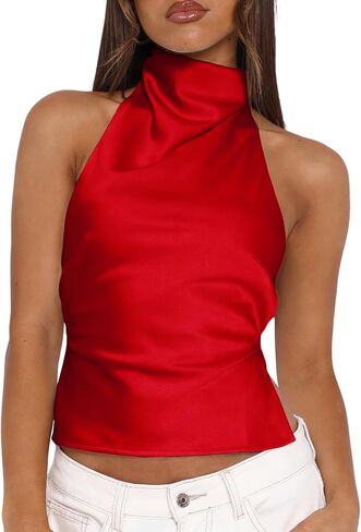 Women's Sexy Halter Tank Tops High Mock Neck Backless Trendy Camisole Crop Tops in Saudi Arabia