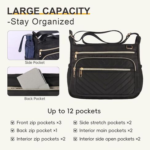 Women's Purses Crossbody Bag with RFID-Blocking Pocket, Lightweight Anti-Theft Travel Purse Quilted Shoulder Bag with Multiple Pockets & Key Holder, Ladies Tote for Daily Commuting, Work, Black in Saudi Arabia