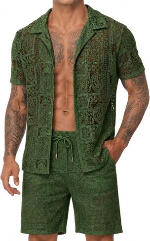Men's 2 Piece Short Set Beach Outfits Lace Sexy Shirt and Shorts Set Short Sleeve and Shorts Matching Sets in Saudi Arabia