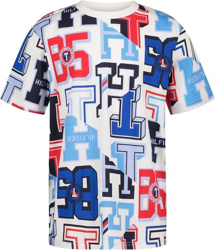 Tommy Hilfiger Boys' Short Sleeve Graphic Crew Neck T-Shirt, Soft, Comfortable, Relaxed Fit, Varsity Letters AOP, 8 in Kuwait