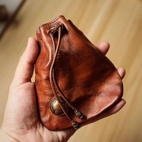 Drawstring Coin Purse Keychain Wallet, Retro Cowhide Leather, Simple Design, 4.9x4.3x0.4 Inches, Brown, for Women and Men in Kuwait