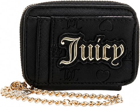 محفظة بطاقات مربعة صغيرة للسيدات من Juicy Couture مع سلسلة ذهبية - محفظة مضغوطة بسحاب، شعار منقوش، عملة صغيرة وحامل بطاقات (عرق السوس الأسود) in Kuwait