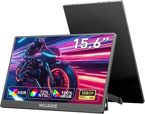شاشة WUAWE المحمولة مقاس 15.6 بوصة، شاشة السفر 1080P 72% NTSC USB C HDMI لأجهزة الكمبيوتر المحمول، شاشة كمبيوتر ثانية خارجية مع تقنية HDR Freesync منخفضة الضوء الأزرق للكمبيوتر الشخصي MacBook Phone PS5 Xbox Switch in Kuwait