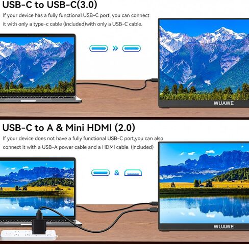 شاشة WUAWE المحمولة مقاس 15.6 بوصة، شاشة السفر 1080P 72% NTSC USB C HDMI لأجهزة الكمبيوتر المحمول، شاشة كمبيوتر ثانية خارجية مع تقنية HDR Freesync منخفضة الضوء الأزرق للكمبيوتر الشخصي MacBook Phone PS5 Xbox Switch in Kuwait