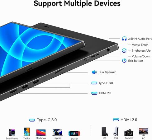شاشة WUAWE المحمولة مقاس 15.6 بوصة، شاشة السفر 1080P 72% NTSC USB C HDMI لأجهزة الكمبيوتر المحمول، شاشة كمبيوتر ثانية خارجية مع تقنية HDR Freesync منخفضة الضوء الأزرق للكمبيوتر الشخصي MacBook Phone PS5 Xbox Switch in Kuwait
