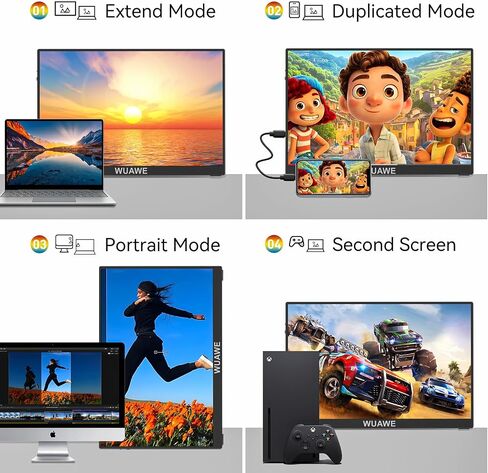 شاشة WUAWE المحمولة مقاس 15.6 بوصة، شاشة السفر 1080P 72% NTSC USB C HDMI لأجهزة الكمبيوتر المحمول، شاشة كمبيوتر ثانية خارجية مع تقنية HDR Freesync منخفضة الضوء الأزرق للكمبيوتر الشخصي MacBook Phone PS5 Xbox Switch in Kuwait
