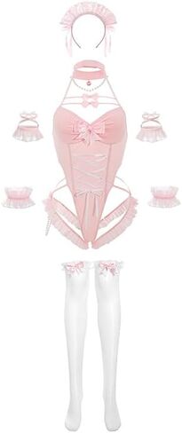 sexy maid outfit for women lingerie costume Dress ruffle Bodysuit Underwear Anime French Costume, Ruffle with Bow, Pink, Halloween Party Cosplay Set in Saudi Arabia