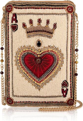 Mary Frances High Court Crossbody Mini Bag – Removable Chain Strap, Zipper Closure, Back & Inside Slit Pockets, Crowned Heart Beaded Design, White & Red in Kuwait