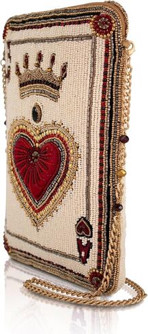 Mary Frances High Court Crossbody Mini Bag – Removable Chain Strap, Zipper Closure, Back & Inside Slit Pockets, Crowned Heart Beaded Design, White & Red in Kuwait