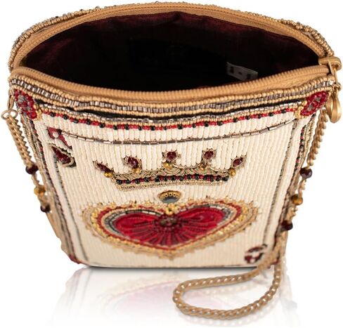 Mary Frances High Court Crossbody Mini Bag – Removable Chain Strap, Zipper Closure, Back & Inside Slit Pockets, Crowned Heart Beaded Design, White & Red in Kuwait