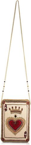 Mary Frances High Court Crossbody Mini Bag – Removable Chain Strap, Zipper Closure, Back & Inside Slit Pockets, Crowned Heart Beaded Design, White & Red in Kuwait