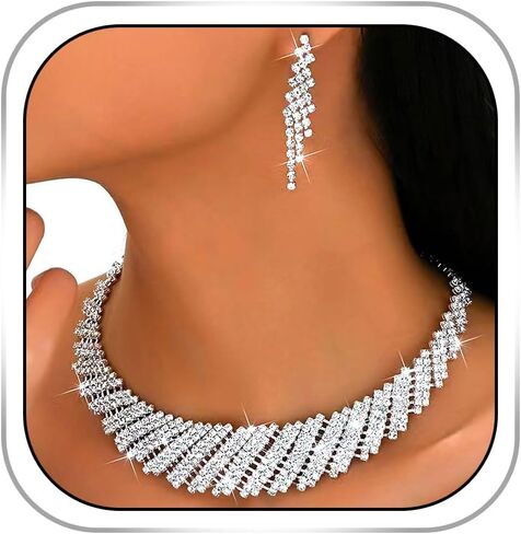 Gangel Silver Bridal Wedding Jewelry Set Rhinestone Necklace and Earring Formal Prom Crystal Choker Sets for Women in Saudi Arabia