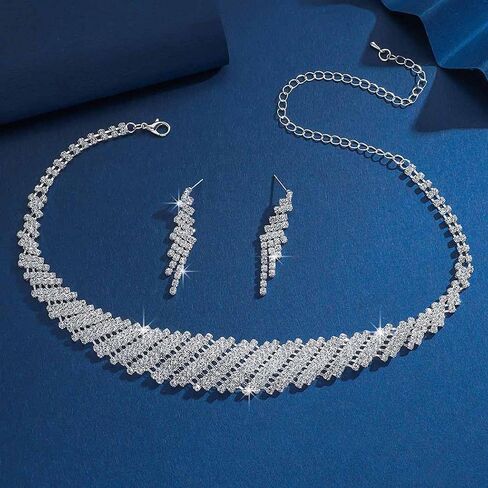 Gangel Silver Bridal Wedding Jewelry Set Rhinestone Necklace and Earring Formal Prom Crystal Choker Sets for Women in Saudi Arabia