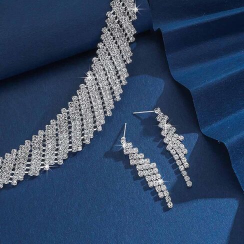 Gangel Silver Bridal Wedding Jewelry Set Rhinestone Necklace and Earring Formal Prom Crystal Choker Sets for Women in Saudi Arabia