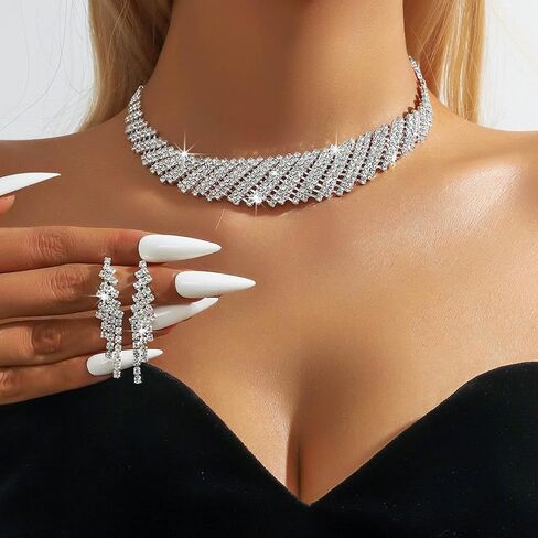 Gangel Silver Bridal Wedding Jewelry Set Rhinestone Necklace and Earring Formal Prom Crystal Choker Sets for Women in Saudi Arabia