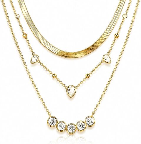 Gold Layered Necklaces for Women, 14K Gold Plated Stacking Necklace Set, Herringbone Choker Chain, Teardrop Station Chain, Cable Chain with CZ Round Diamond, Trendy Minimalist Jewelry Gift in Saudi Arabia