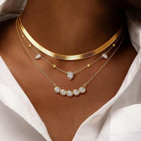 Gold Layered Necklaces for Women, 14K Gold Plated Stacking Necklace Set, Herringbone Choker Chain, Teardrop Station Chain, Cable Chain with CZ Round Diamond, Trendy Minimalist Jewelry Gift in Saudi Arabia