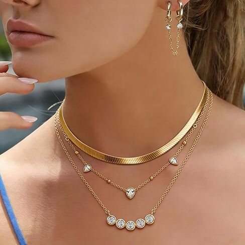 Gold Layered Necklaces for Women, 14K Gold Plated Stacking Necklace Set, Herringbone Choker Chain, Teardrop Station Chain, Cable Chain with CZ Round Diamond, Trendy Minimalist Jewelry Gift in Saudi Arabia
