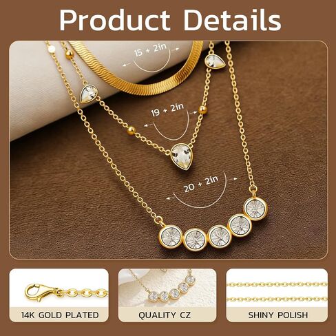 Gold Layered Necklaces for Women, 14K Gold Plated Stacking Necklace Set, Herringbone Choker Chain, Teardrop Station Chain, Cable Chain with CZ Round Diamond, Trendy Minimalist Jewelry Gift in Saudi Arabia