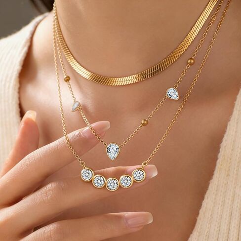 Gold Layered Necklaces for Women, 14K Gold Plated Stacking Necklace Set, Herringbone Choker Chain, Teardrop Station Chain, Cable Chain with CZ Round Diamond, Trendy Minimalist Jewelry Gift in Saudi Arabia