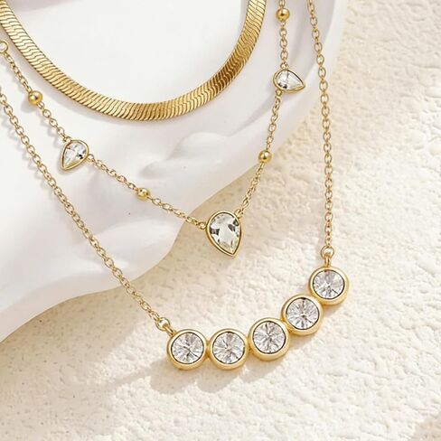 Gold Layered Necklaces for Women, 14K Gold Plated Stacking Necklace Set, Herringbone Choker Chain, Teardrop Station Chain, Cable Chain with CZ Round Diamond, Trendy Minimalist Jewelry Gift in Saudi Arabia
