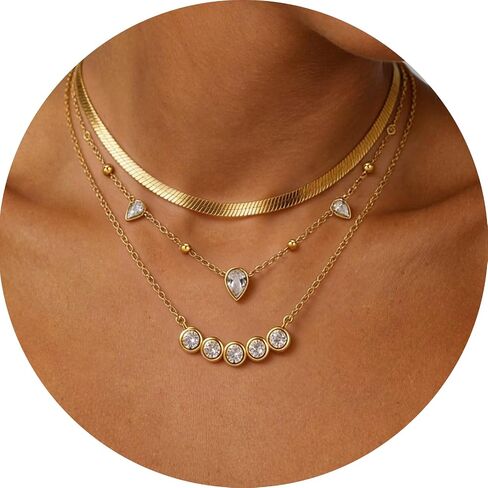 Gold Layered Necklaces for Women, 14K Gold Plated Stacking Necklace Set, Herringbone Choker Chain, Teardrop Station Chain, Cable Chain with CZ Round Diamond, Trendy Minimalist Jewelry Gift in Saudi Arabia