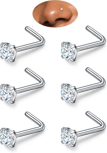 Kosuwo L-Shaped Moissanite Nose Studs (Unisex) 925 Sterling Silver, Hypoallergenic Nose Rings 14K Gold and 18K White Gold Plating Suitable for nostril, septum, and cartilage piercings Set of 6 in Saudi Arabia