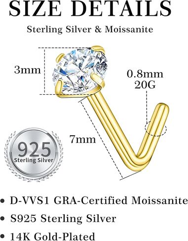 Kosuwo L-Shaped Moissanite Nose Studs (Unisex) 925 Sterling Silver, Hypoallergenic Nose Rings 14K Gold and 18K White Gold Plating Suitable for nostril, septum, and cartilage piercings Set of 6 in Saudi Arabia