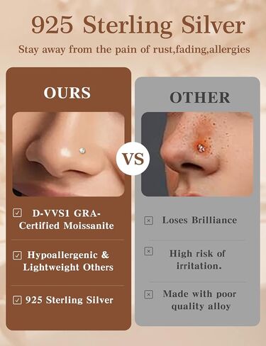 Kosuwo L-Shaped Moissanite Nose Studs (Unisex) 925 Sterling Silver, Hypoallergenic Nose Rings 14K Gold and 18K White Gold Plating Suitable for nostril, septum, and cartilage piercings Set of 6 in Saudi Arabia