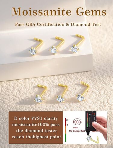 Kosuwo L-Shaped Moissanite Nose Studs (Unisex) 925 Sterling Silver, Hypoallergenic Nose Rings 14K Gold and 18K White Gold Plating Suitable for nostril, septum, and cartilage piercings Set of 6 in Saudi Arabia
