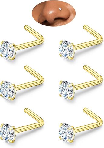 Kosuwo L-Shaped Moissanite Nose Studs (Unisex) 925 Sterling Silver, Hypoallergenic Nose Rings 14K Gold and 18K White Gold Plating Suitable for nostril, septum, and cartilage piercings Set of 6 in Saudi Arabia