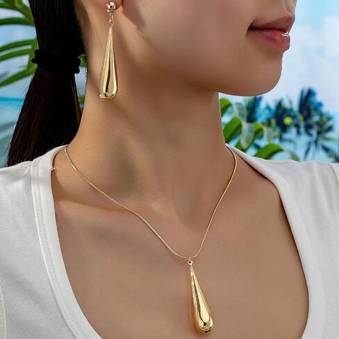 Oversized Teardrop Long Dangle Pendant Necklace Earrings Set For Women Statement Punk Minimalist Style Gold Silver Colors in Kuwait