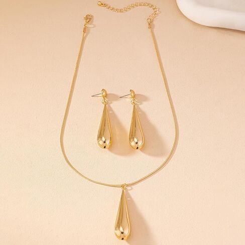 Oversized Teardrop Long Dangle Pendant Necklace Earrings Set For Women Statement Punk Minimalist Style Gold Silver Colors in Kuwait