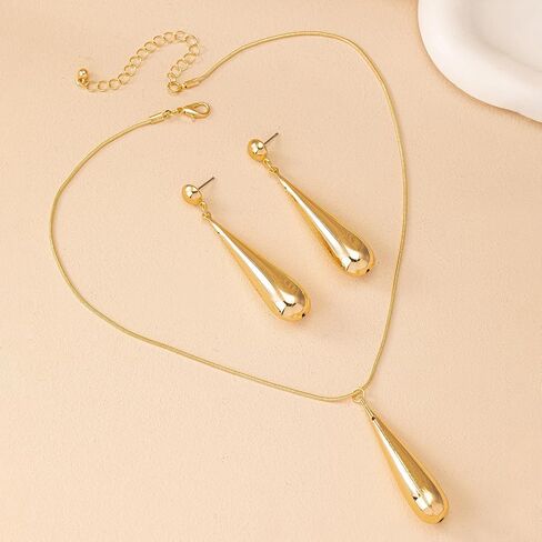 Oversized Teardrop Long Dangle Pendant Necklace Earrings Set For Women Statement Punk Minimalist Style Gold Silver Colors in Kuwait