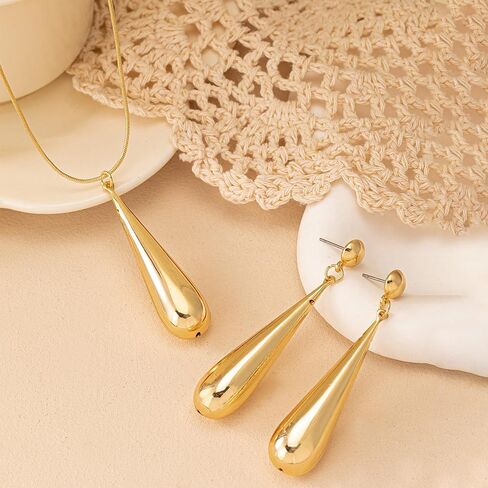 Oversized Teardrop Long Dangle Pendant Necklace Earrings Set For Women Statement Punk Minimalist Style Gold Silver Colors in Saudi Arabia