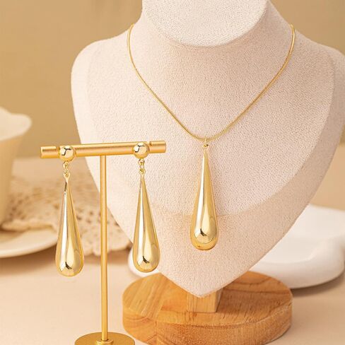 Oversized Teardrop Long Dangle Pendant Necklace Earrings Set For Women Statement Punk Minimalist Style Gold Silver Colors in Saudi Arabia