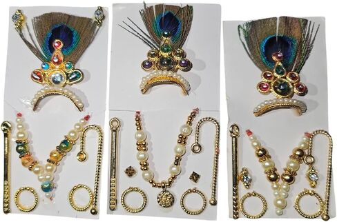 مجموعة كومبو من S,S Store Laddu Random Color Gopal Mukut Mala Shringar مع بانسوري، كوندال، كادي، تشاري، مجموعة أقراط زينة إلهية، مقاس 0،1،2 أرقام (لورد كريشنا، لادو جوبال) مجموعة من 3 قطع in Kuwait