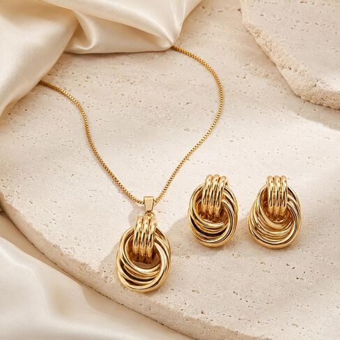 Gold Chunky Knot Necklace Earrings Set Trendy 14K Gold Plated Knot Earrings for Women Chunky Statement Necklaces Prom Fashion Jewelry Gifts in Saudi Arabia
