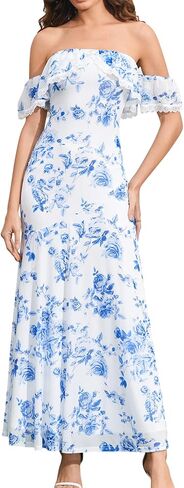 Auraxe Summer Floral Formal Wedding Guest Maxi Dresses for Women Off Shoulder Lace Bridal Shower Mesh Long Dress 2026 in Saudi Arabia