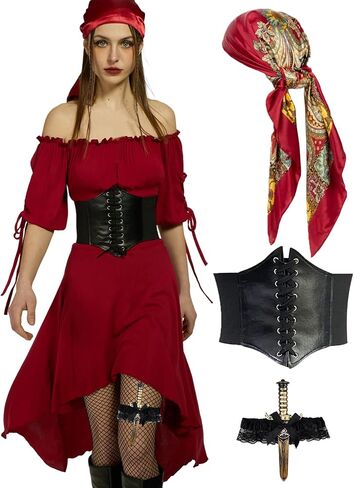 Pirate Costume Women Medieval Viking Pirate Dress Floral Print Head Scarf and Corset Pirate Accessories for Women 4 Pcs Black M in Kuwait