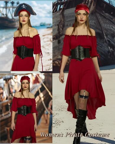 Pirate Costume Women Medieval Viking Pirate Dress Floral Print Head Scarf and Corset Pirate Accessories for Women 4 Pcs Black M in Kuwait