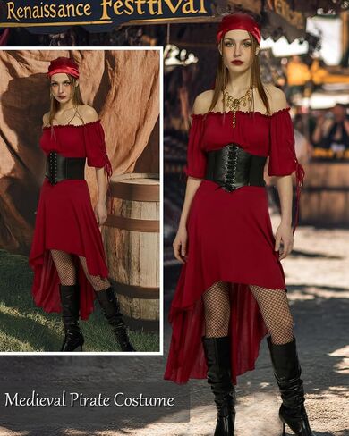 Pirate Costume Women Medieval Viking Pirate Dress Floral Print Head Scarf and Corset Pirate Accessories for Women 4 Pcs Black M in Kuwait
