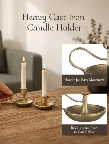 Vintage Brass Candlestick Holders: Cast Iron Gold Taper Candle Holders with Handle Decorative Antique Rustic Decor for Dinning Table Centerpieces Fall Mantel Set of 2 in Kuwait