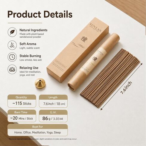 Natural Sandalwood Incense Sticks, 115 Count, Handmade, 20-Min Burn in Kuwait