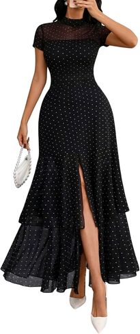 GothDark Women's Summer Mesh Tiered Ruffle Dress Polka Dot A-Line Front Split Flowy Elegant Party Wedding Guest Dresses in Saudi Arabia