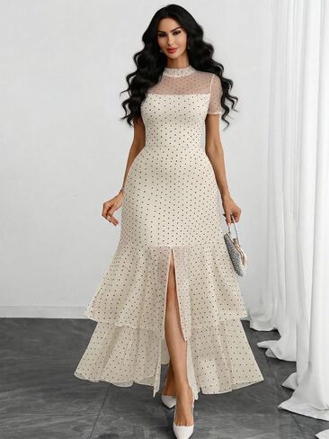 GothDark Women's Summer Mesh Tiered Ruffle Dress Polka Dot A-Line Front Split Flowy Elegant Party Wedding Guest Dresses in Saudi Arabia